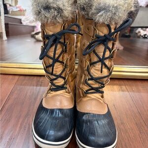 Sorel Tan and Black Lace-Up Faux Fur Winter Boots